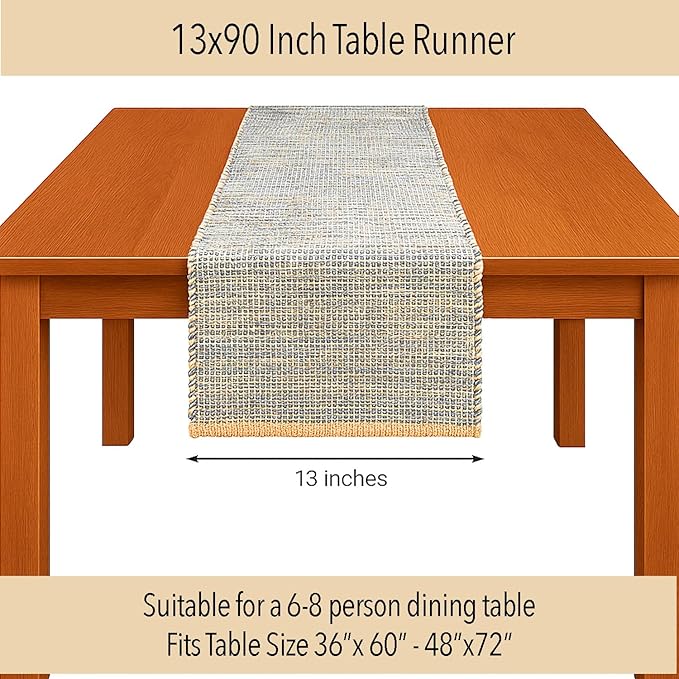 Chardin home Natural Jute Table Runner 13x90 Inch – Vintage Boho Rustic Table Decor – Handwoven Table Runner in Natural Jute and Grey – Farmhouse Dining or Console Table Accent
