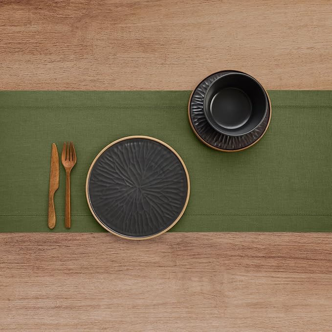 Solino Home Linen Olive Table Runner 120 Inches Long - 100% Pure Linen Hemstitch 14 x 120 Inch Table Runner for Dining, Fall, Autumn, Thanksgiving - Classic Hemstitch