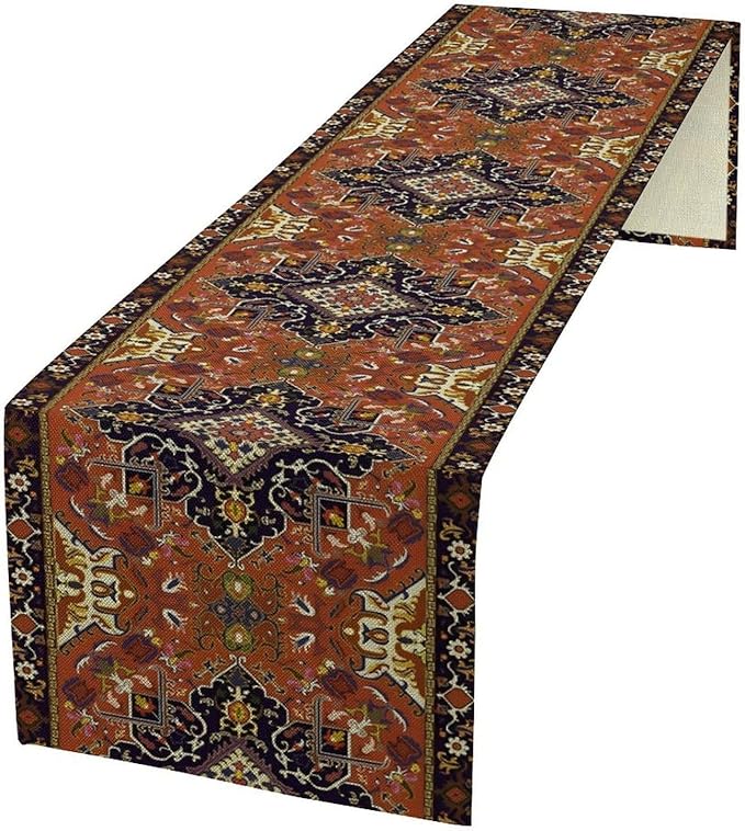 Vintage Boho Orange Table Runner, Country Rustic Farmhouse Magical Abstract Print Pattern for Home Kitchen Table Decor Dining Coffee Room Garden Party Decor 13x120in