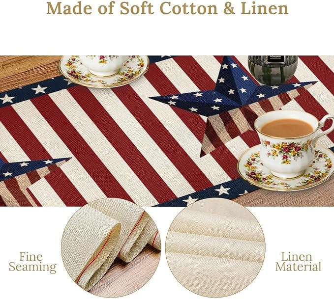 4th of July Table Runner, Patriotic Independence Day American Stars Stripes Flag Print Table Runner for Farmhouse Kitchen Dining Holiday Birthday Party, 13x60inch
