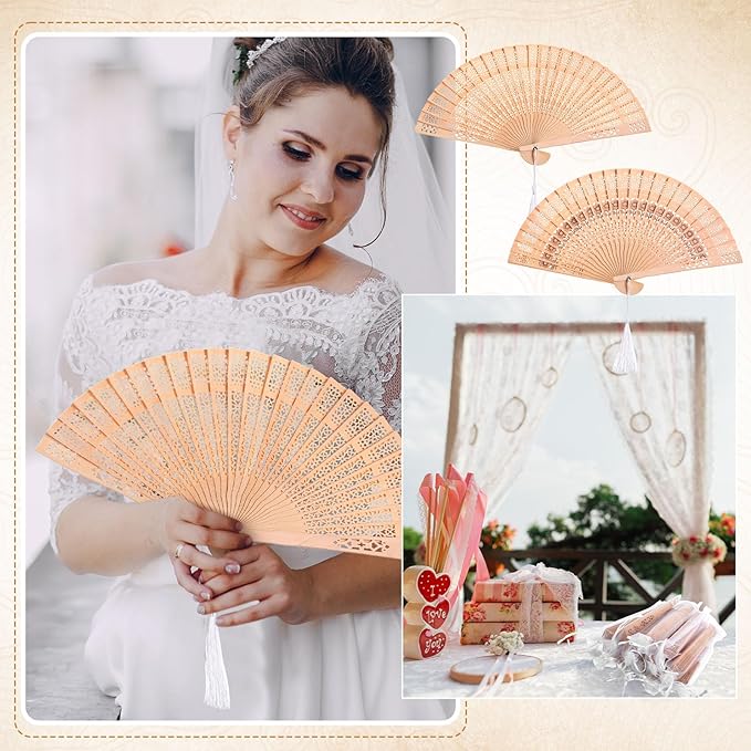 Qunclay 60Pcs Wooden Hand Fans Folding Wedding Fans for Guest Chinese Hollow Pattern with White Tassel and Gift Bag for Wedding Bridal Shower Birthday Party Favors Gift and Home Decor(Mixed Style)
