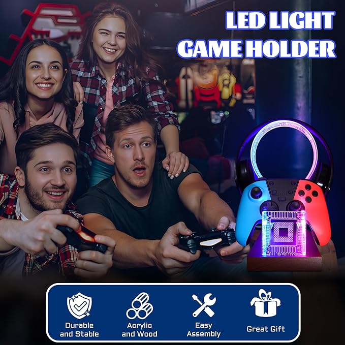 YuanDian Gamer Gifts for Teenage Boy, Desk Gaming Headset and Controller Stand with Blue Pink LED Night Light, Acrylic Wooden Controller Holder with PCB Pattern, Desk Decor Gift