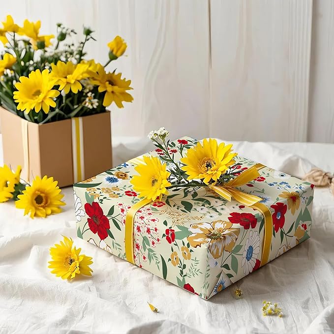 WRAPAHOLIC Floral Wrapping Paper Roll - Mini Roll - 17 Inch x 9.8 Feet - Wild Flower Wrapping Paper, Perfect for Girls Women Birthday, Wedding, Bridal Shower