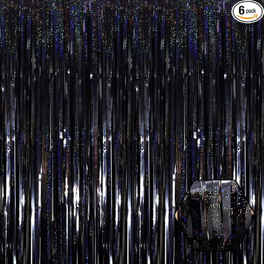 6 Pack Black Foil Fringe Curtain Backdrop, 3.28Ft x 8.2Ft Metallic Tinsel Foil Fringe Streamer Curtains for Photo Booth, Birthday, Wedding, New Year Party Decorations