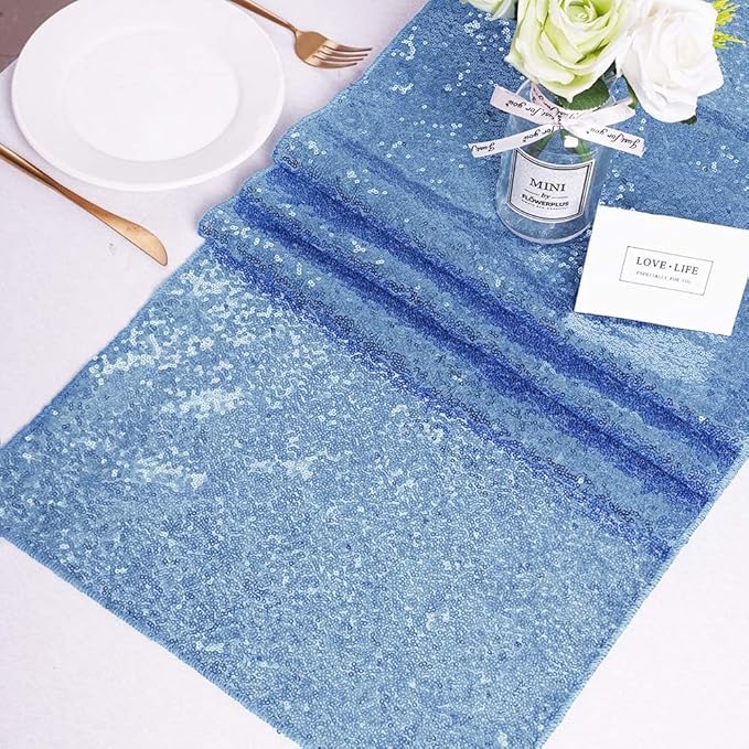 Sequin Table Runners 2 Pieces Baby Blue Table Runners 12x72 Inch Glitter Dining Table Cover for Party Wedding Birthday Reception Banquet Decoration Spring Party Chair Sashes