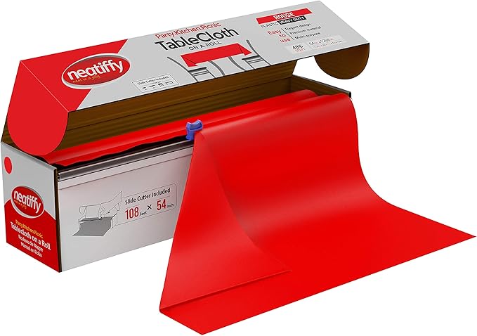 Neatiffy Disposable Plastic Table Cloth Roll | 54 in x 108 Ft Waterproof Tablecloth | Table Cover for Rectangle, Square, Round Oval Tables | Picnic, Party, Banquet, Birthdays, Weddings - Red