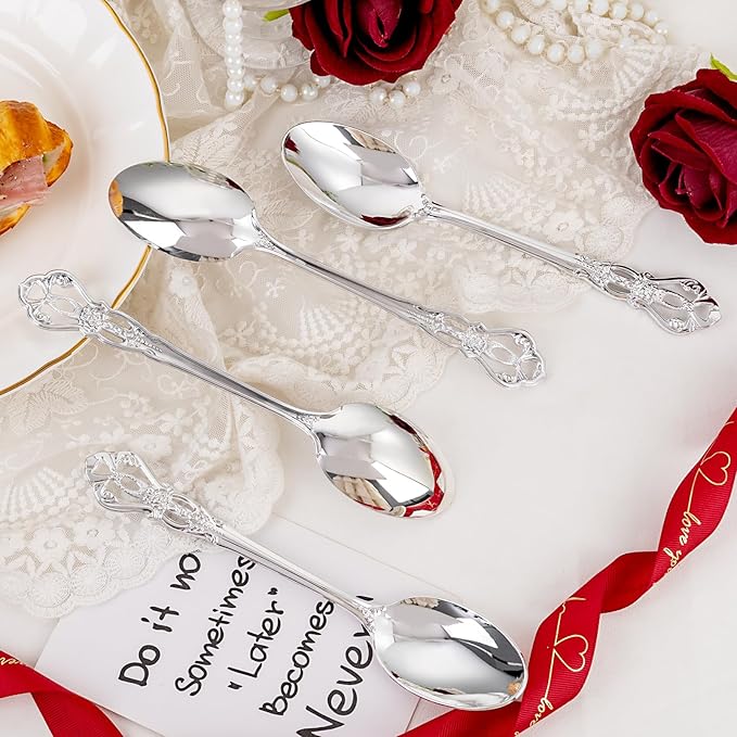 75PCS Silver Plastic Spoons - Silver Spoons Disposable - 8.1 Inch Heavy Duty Plastic Silverware - Heavyweight Elegant Disposable Utensils for Catering, Parties, Dinners, Weddings