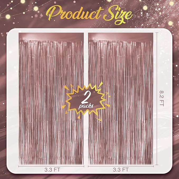 2 Pack Metallic Rose Gold Fringe Backdrop, 3.2x8.2ft Shining Foil Tinsel Curtains, Birthday Party Decorations Door Streamers for Halloween, Christmas, Wedding, Graduation, Holiday, Theme Events