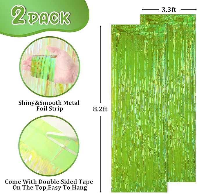 2 Pack 3.3x8.2 Feet Neon Green Foil Fringe Backdrop Curtains, Tinsel Streamers Birthday Party Decorations, Fringe Backdrop for Graduation, Baby Shower, Gender Reveal, Disco Party
