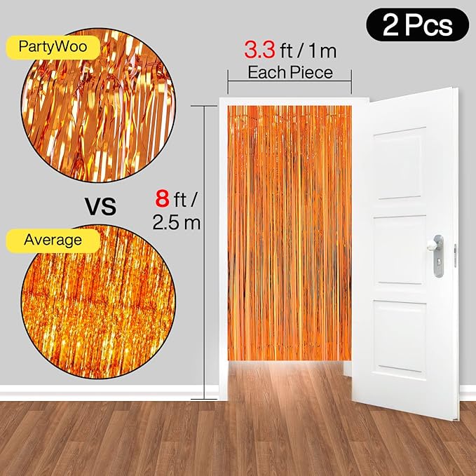 ParyWoo Orange Streamers 2pcs Tinsel Backdrop 8.2FT Metallic Orange Foil Fringe Streamer Curtains Photo Booth Backdrop for Halloween Graduation Baby Shower Bachelorette Wedding Party Decorations