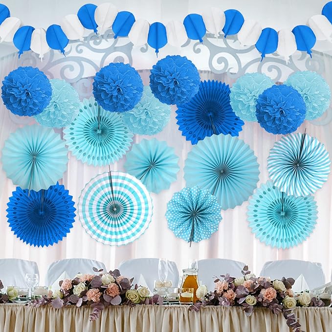 Party Decorations, Blue Papar Fans Pompoms Garlands for Men Boy Fathers Day Graduation Bachelorette Wedding Birthday Baby Showers Birthday Party Decoration