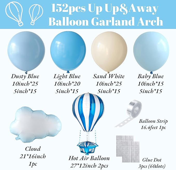 Up Up and Away Balloon Garland Arch Kit, 152pcs Dusty Slate Fog Baby Blue and Sand White Balloons with Hot Air Balloon and Cloud Foil Balloons for Baby Shower Decoration Teddy Themed Party