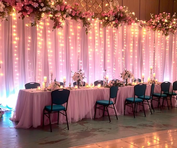 10ft x 10ft Pink Tulle Photo Backdrop Curtain with Lights String for Parties Wedding Sheer Baby Pink Curtain Backdrop for Birthday Party Baby Shower Photo Booth Photography Background Decorations
