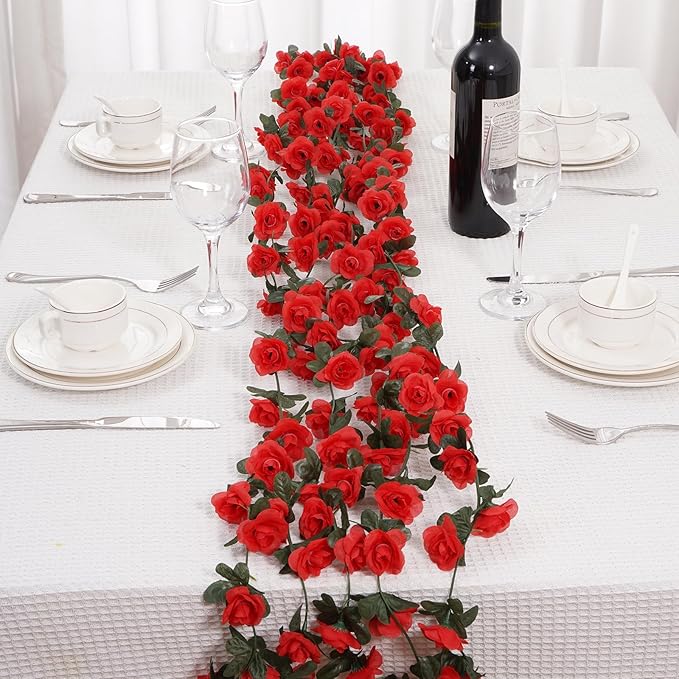 5 Pcs 41FT Flower Garland, Artificial Rose Garland Flowers Plants Fake Flower Hanging Rose Ivy, Birthday Party Valentine's Day Wedding Wall Arch Decor（Red）