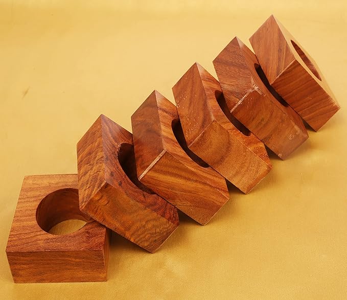 Finely Handcrafted Natural Wood Square Shape Large Size Party Dining Table Napkin Holders in Natural Tone. (Set of 6).