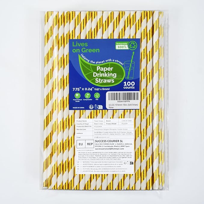 7.75 inch Gold/White Striped Paper Straws for Drinking 100 Counts for Bar, Restaurant, Wedding, Party - Unwrapped