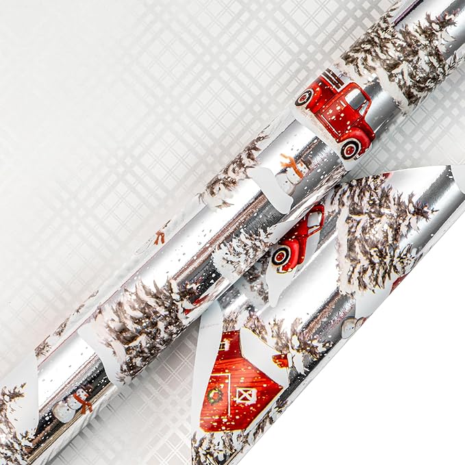 LeZakaa Christmas Silver Wrapping Paper Jumbo Roll for Boy Kid, Red Truck, Snowy Pine Forest & Grid Plaid, Silver Foil Reversible Design for Winter Holiday Family Gathering, 30 inches x 32.8 Feet