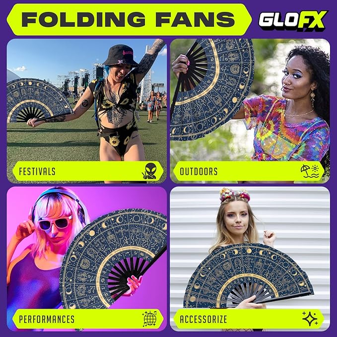 GloFX Rave Fan - Zodiac Signs - Large Folding Hand Fan Astrological Signs Designs for Festival Outfits, Cosmic Events - Perfect Accessory for Astrology Enthusiasts and Stargazers
