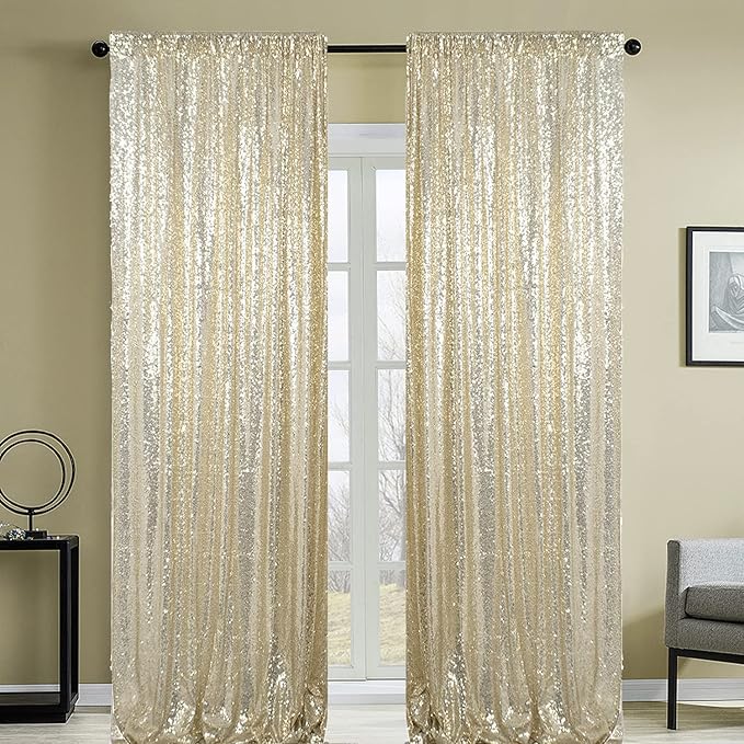 Champagne Sequin Backdrop Curtains 2 Panels 2FTx8FT Glitter Champagne Drapes Photo Backdrop Party Wedding Baby Shower Curtain Sparkle Photography Background