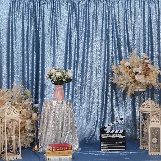 Juya Delight 2Pcs 2ftx8ft Baby Blue Shimmer Sequin Backdrop Curtains - Blue Glitter Photo Backdrop for Wedding Birthday Parties Wall Decoration