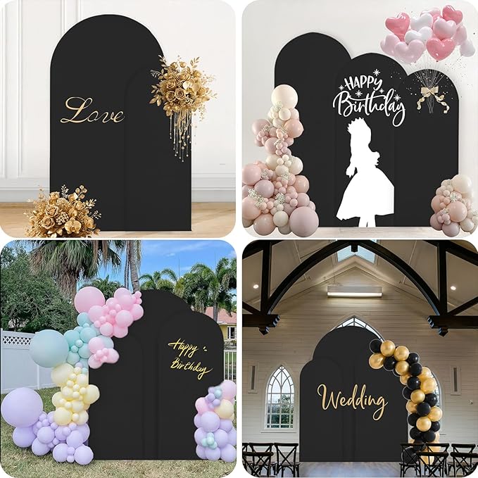 WEERRW Black Arch Backdrop Cover Ballon Arch Stand Covers Set of 3 Spandex Fitted Round Top Chiara Stretchy Backdrop for Wedding Birthday Party Decoration(6FT, 6.6FT, 7.2FT)