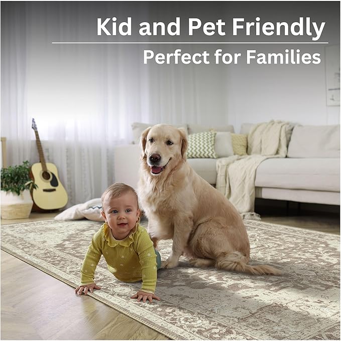 Bloom Rugs Washable Non-Slip 8' x 10' Rug - Light Brown Traditional Medallion Area Rug for Living Room, Bedroom, Dining Room, and Kitchen - Exact Size: 8' x 10'