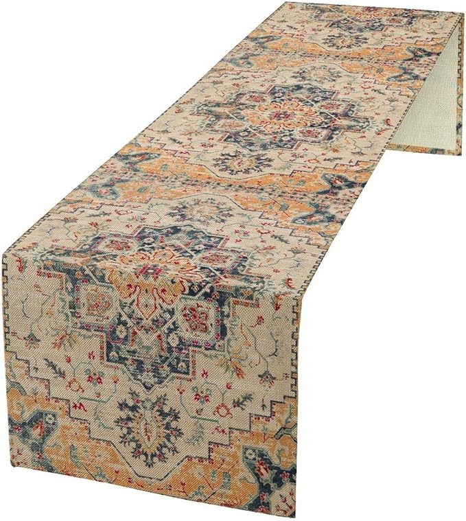 Bohemia Orange Table Runner, Rustic Farmhouse Vintage Geometric Floral Print Table Cover for Home Kitchen Dining Table Party Decor, 13x120inch