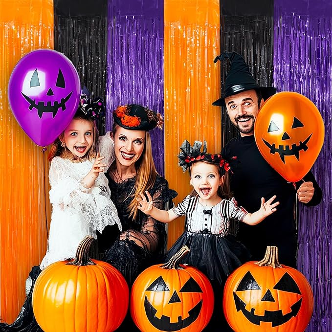 3 Pack Orange Purple Black Tinsel Foil Fringe Curtains, Halloween Photo Backdrop Streamers for Birthday Anniversary Party Decoration