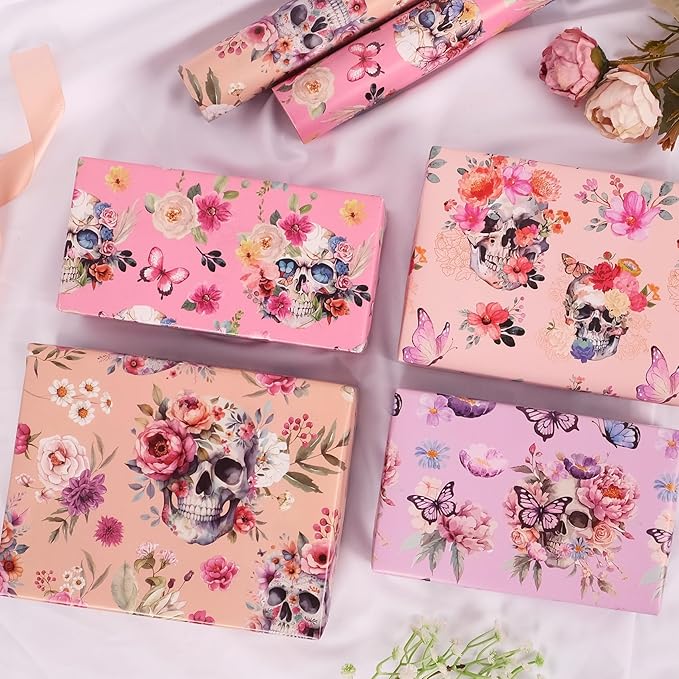 Aimyoo Gothic Wrapping Paper Rolls, 17 Inch X 10 Feet - 4 Rolls - Skull Floral Butterfly Design Gift Wrap Paper for Mother's Day, Birthday Bridal Shower