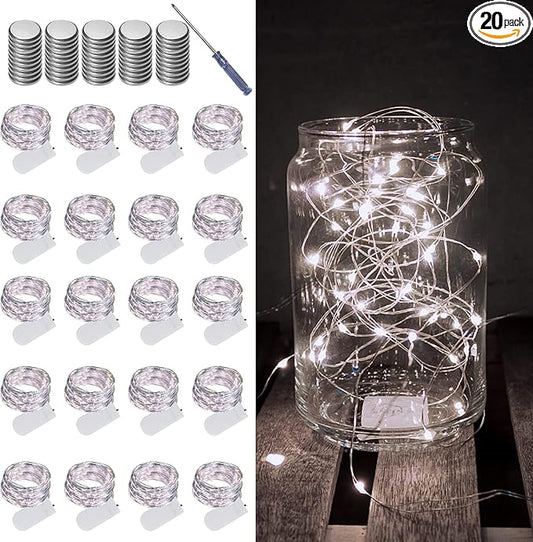 LAMPHOME 20 Pack Fairy Lights Battery Operated String Lights, 20 LED on 6.6FT Silvery Copper Wire, Firefly Fairy String Lights for Wedding Party Mason Jar Christmas Decorations Bedroom Decor(White)