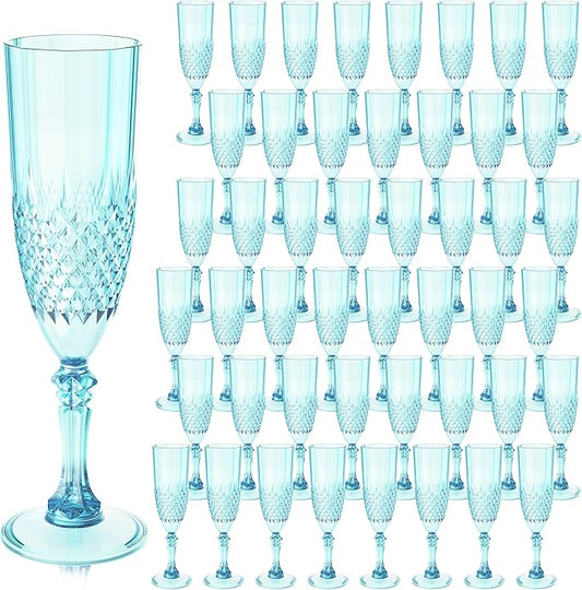 Plastic Champagne Flutes, 48PCS Light Cyan Wine Glasses Goblets Cups Reusable Flute, for Weddings Bachelor Parties Toasting and Events(48, Light Cyan)