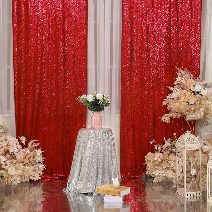Poise3EHome Red Sequin Backdrop Curtain,4 Pieces 3FT x 8FT Glitter Panels for Christmas Wedding Party Background Decoration