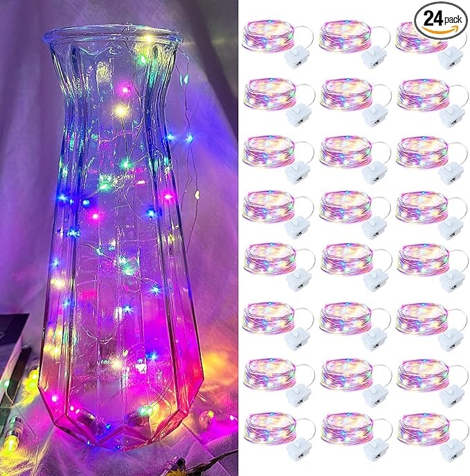 24 Pack Led Fairy Lights - Mutilcolor, Battery Operated LED Silver Wire String Lights, 7FT 20LED Mini Firefly Starry String Lights Waterproof Led Twinkle Lights for Mason Jar DIY Christmas Decor