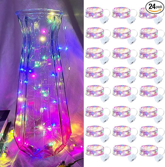24 Pack Led Fairy Lights - Mutilcolor, Battery Operated LED Silver Wire String Lights, 7FT 20LED Mini Firefly Starry String Lights Waterproof Led Twinkle Lights for Mason Jar DIY Christmas Decor