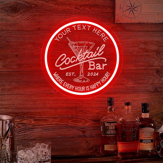 Personalized Cocktail Bar Neon Sign for Home Bar, Custom LED Neon Signs for Man Cave Pub Tavern Bistro Lounge Martini Wall Decor, Customized LED Light Up Signs for Men Dad Husband Gifts