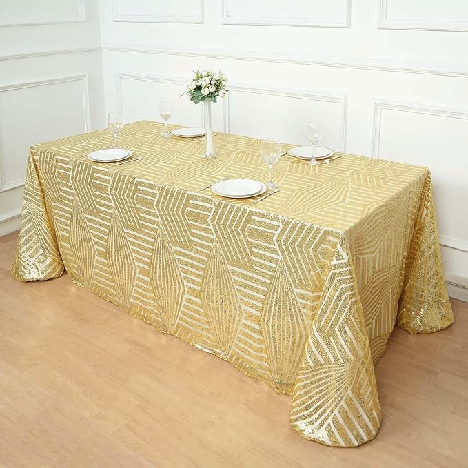 Efavormart 90"X132" Gold Sparkly Sequin Geometric Tulle Rectangular Tablecloth
