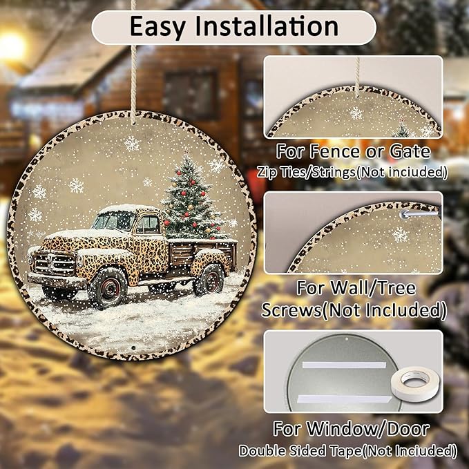 Round Leopard Truck Metal Tin Sign Rustic Wall Decor Christmas Wreath Sign Christmas Wreath Door Hanging Wall Decoration Bar Home Round 8 * 8 in