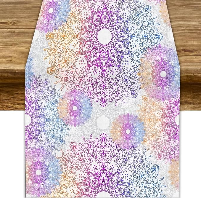 Oriental Mandala Table Runner, Traditional Bohemian Gradiently Purple Pink Blue Mandala Flower Table Runner for Farmhouse Cottage Kitchen Dining Table Decor, 13x90inch