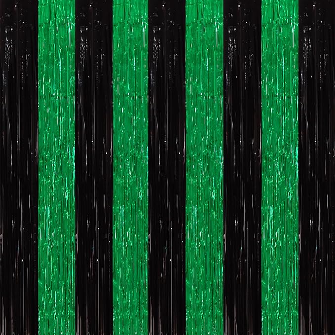 TONIFUL 2Pcs Black Green Door Streamers,Green Photo Booth Backdrop,Metallic Streamers Green Foil Fringe Curtains for Birthday,Christmas,New Year,St. Patrick's Day Party Streamers Decor