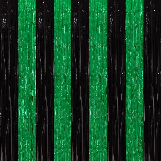 TONIFUL 2Pcs Black Green Door Streamers,Green Photo Booth Backdrop,Metallic Streamers Green Foil Fringe Curtains for Birthday,Christmas,New Year,St. Patrick's Day Party Streamers Decor