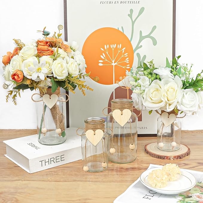Vintage Glass Vases for Flowers, Set of 3 Mason Jar Vase Table Centerpieces for Farmhouse Room Decor, Wedding, Bridal Shower Bud Vase Set (Medium)