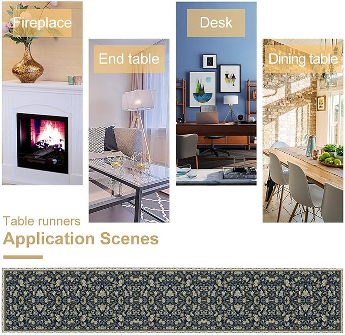 Vintage Boho Floral Table Runner, Morris Rustic Country Farmhouse Dark Blue Grey Retro Flower Pattern for Home Kitchen Table Decor Dining Coffee Room Party Decor 13x36in