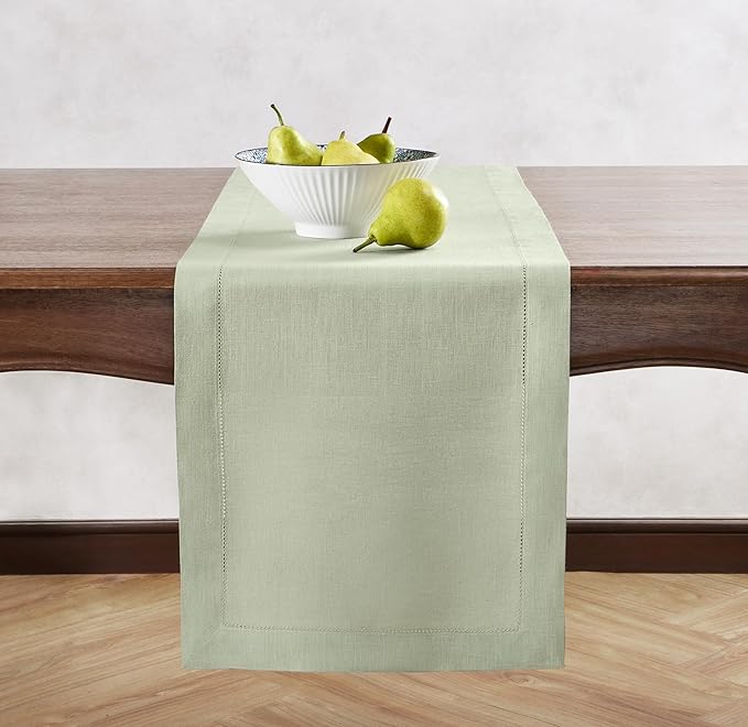 Linen Table Runner 14 x 120 Inch Long - 100% Pure Linen Christmas Sage Green Table Runner - Cloth Fabric Hemstitch Runner for Thanksgiving, Christmas, Winter, New Year - Elara