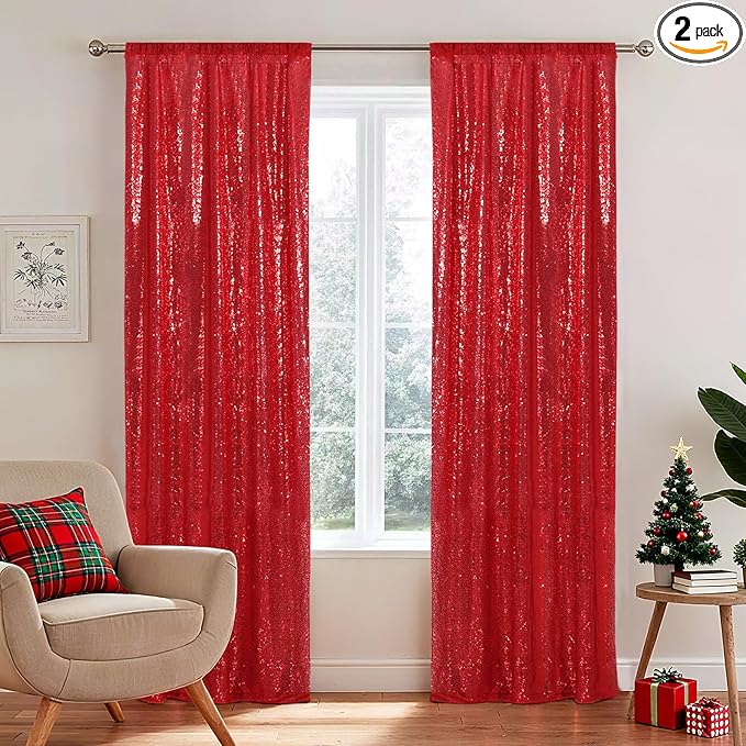SquarePie Sequin Backdrop Curtain Non-Transparent Sparkly Background for Christmas Wedding Party 2FT x 8FT Red 2 Panel