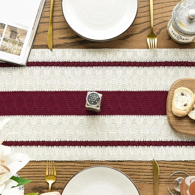 Artoid Mode Red Farmhouse Woven Rustic Table Runner, Seasonal Holiday Hollow Kitchen Dining Table Decoration for Home Party Decor 12x120 Inch