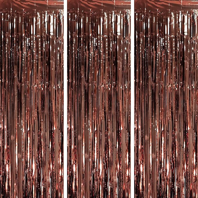 3 Pack 3.3 x 8.2 ft Brown Foil Fringe Backdrop Curtains, Tinsel Streamers Party Decorations, Fringe Backdrop, Door Shimmer for Thanksgiving Day or Birthday Party