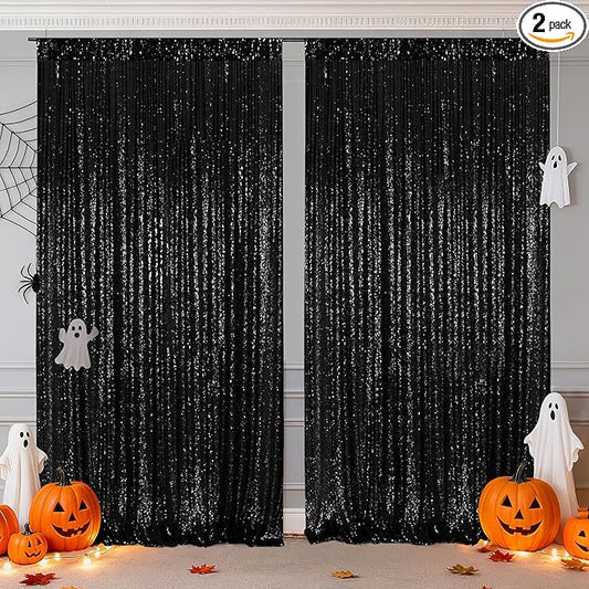 Poise3EHome Black Sequin Backdrop Curtain, 2 PCS 5FT x 10FT Sequin Backdrop Panels,Black Curtains for Photography Party Birthday Halloween Backdrop