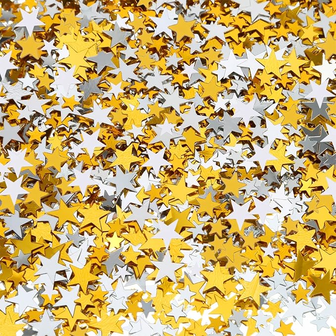 Hestya 60g Star Confetti Glitter Table Confetti Metallic Foil Stars for Party Wedding Festival Decorations(Gold Silver 60g,10mm and 6mm)