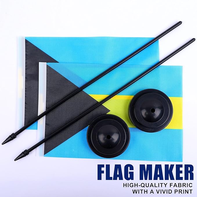 Bahamas Desk Flag 12" Solid Pole Deluxe Set Bahamian Flags Banner Mini Small Bahamas Office Table Flags with Black Stand Base Desktop Decorations(2Pack)