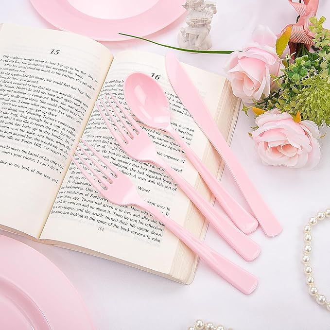 KIRE 150 Pieces Pink Plastic Plates Disposable - Pink Dinnerware Set Include 25 Dinner & 25 Salad Plates 25Forks 25Knives 25Spoons 25 Cups for Baby Shower/Bridal Shower